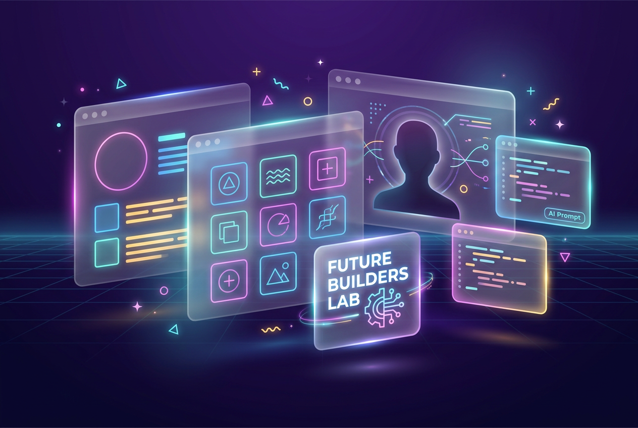 Abstract illustration of overlapping portfolio website cards and AI prompt blocks representing the Future Builders Lab program.