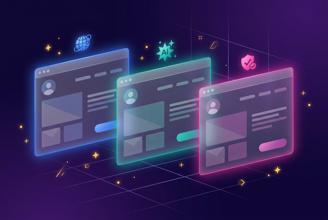 Three glowing browser window mockups representing personal portfolio websites built by students.